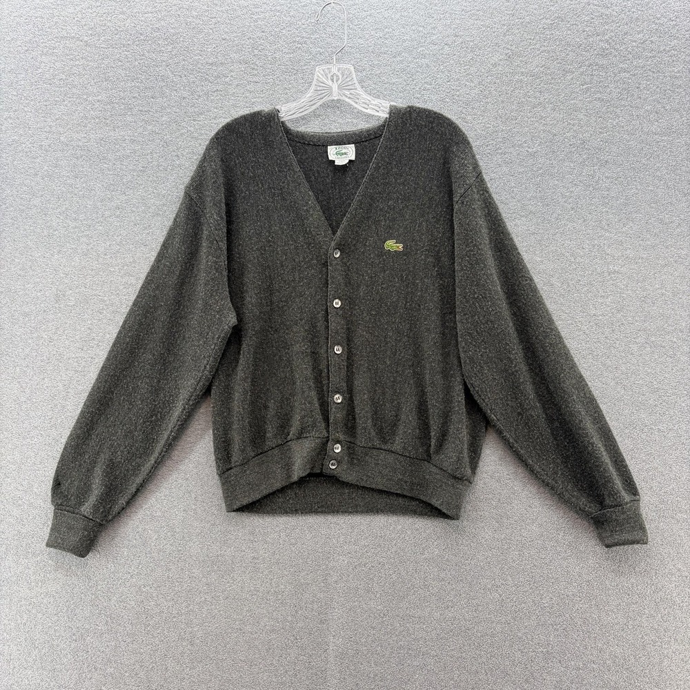 VTG 80s Izod Lacoste Cardigan Sweater Mens Medium Gray Orlon Grandpa Knit USA